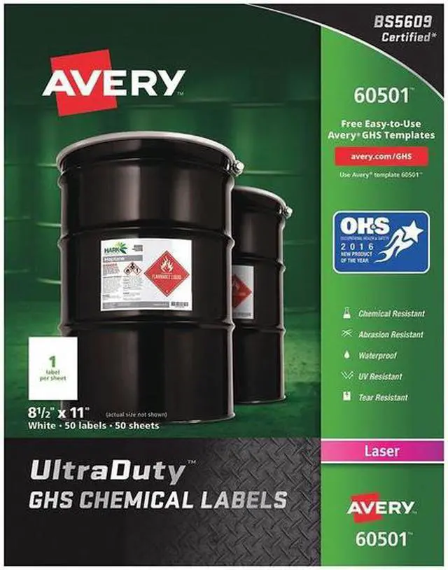 Main image of AVERY 60501 8-1/2" x 11" GHS Chemical Labels for Laser Printers, 50