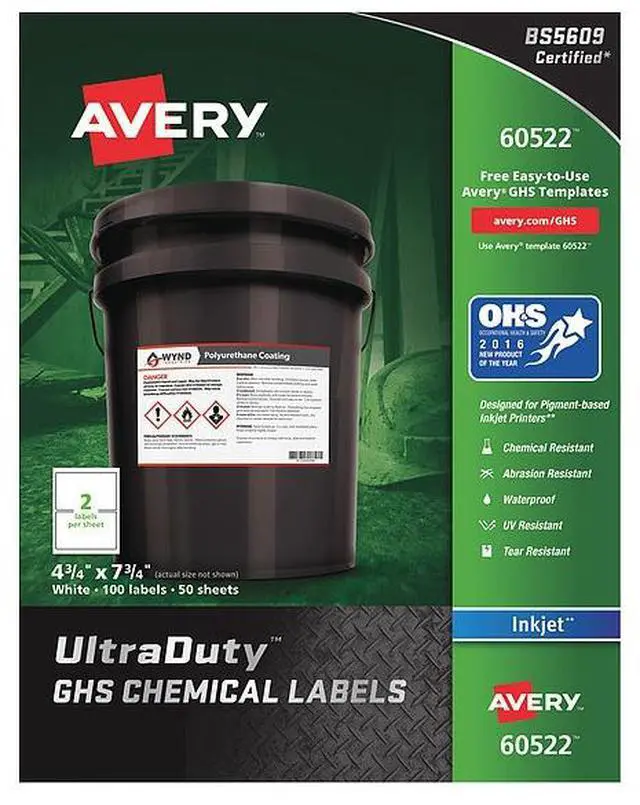 Alt view image 8 of 12 - Avery GHS Chemical Label,  Color White,  PK 100 White  Synthetic Film 7278260522