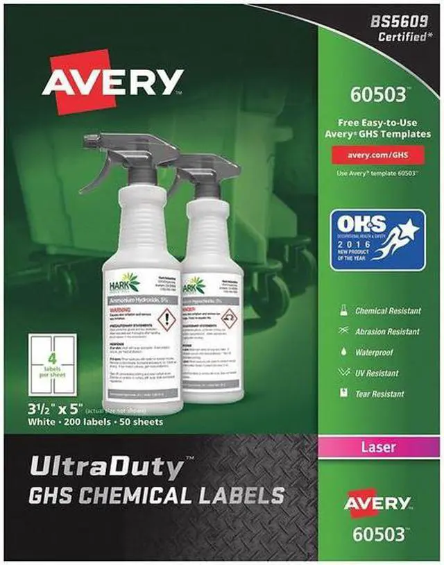Main image of AVERY 60503 3-1/2" x 5" GHS Chemical Labels for Laser Printers, 200