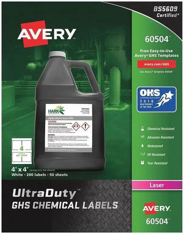 Main image of AVERY 60504 4" x 4" GHS Chemical Labels for Laser Printers, 200 labels/50-sheets