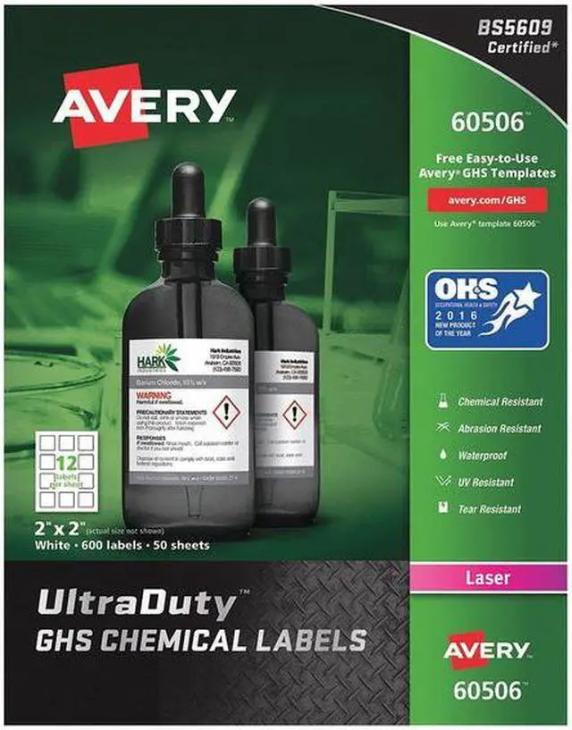 Main image of AVERY 60506 2" x 2" GHS Chemical Labels for Laser Printers, 600 labels/50-sheets