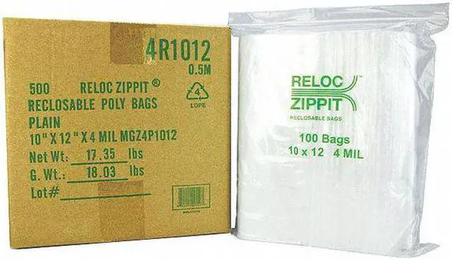Main image of RELOC ZIPPIT 4R1012 Reclosable Bag, Zip Seal, 12 in L, 10 in W, 4 mil Thick,