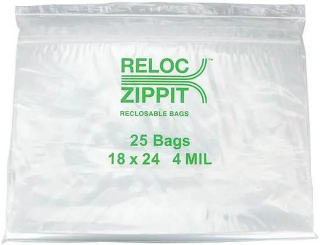 Main image of RELOC ZIPPIT 4R1824 Reclosable Bag, Zip Seal, 24 in L, 18 in W, 4 mil Thick,