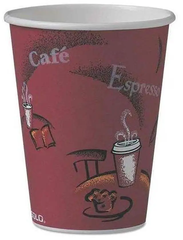 Main image of SOLO 412SIN Dart Paper Hot Drink Cups in Bistro Design, 12oz, Maroon, 50/Bag - 1 Carton (20 Bags)