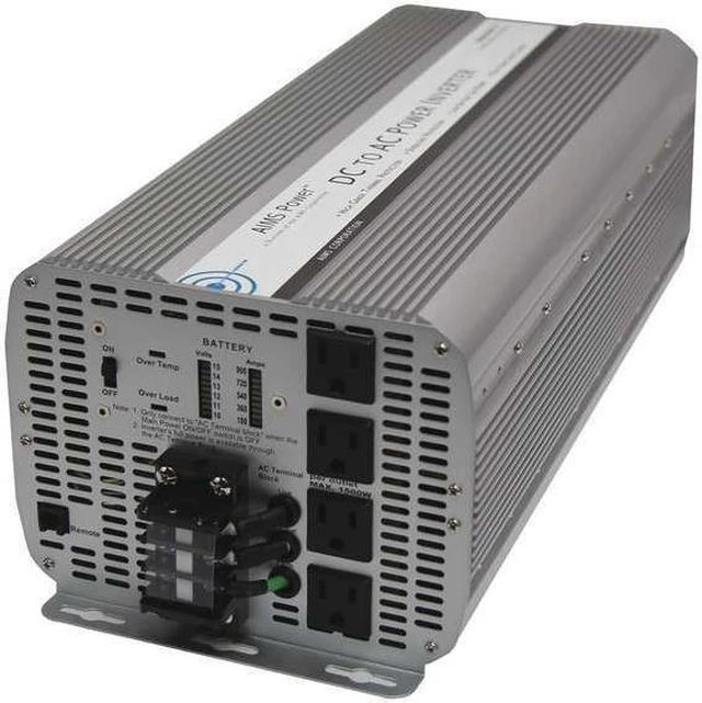 Main image of aims power 8000 watt dc to ac power inverter, 8000w max continuous power, 16000w surge peak power, over temperature led indicator, over load led indicator, ac direct connect terminal block, on/off