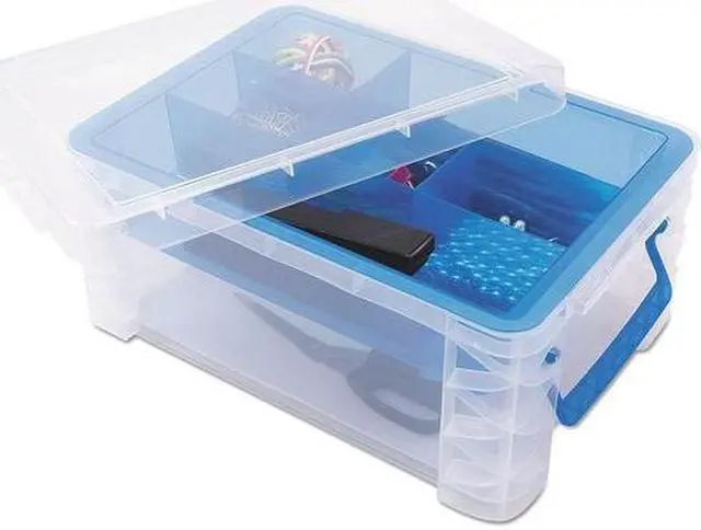 Alt view image 4 of 14 - Advantus 37371 Super Stacker Divided Storage Box, Clear W/Blue Tray/Handles, 10.3 X 14.25X 6.5