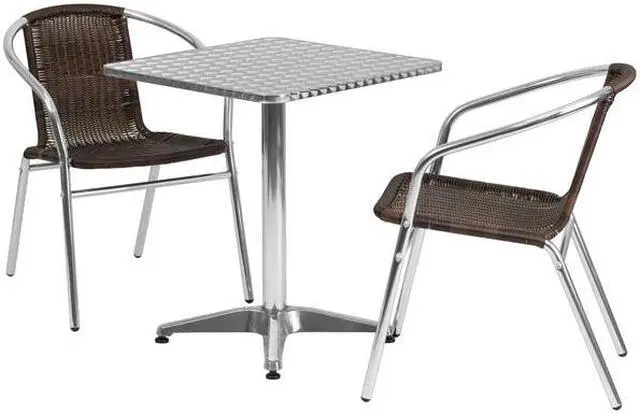 Main image of 23.5'' Square Aluminum Indoor-Outdoor Table Set with 2 Dark Brown Rattan Chairs