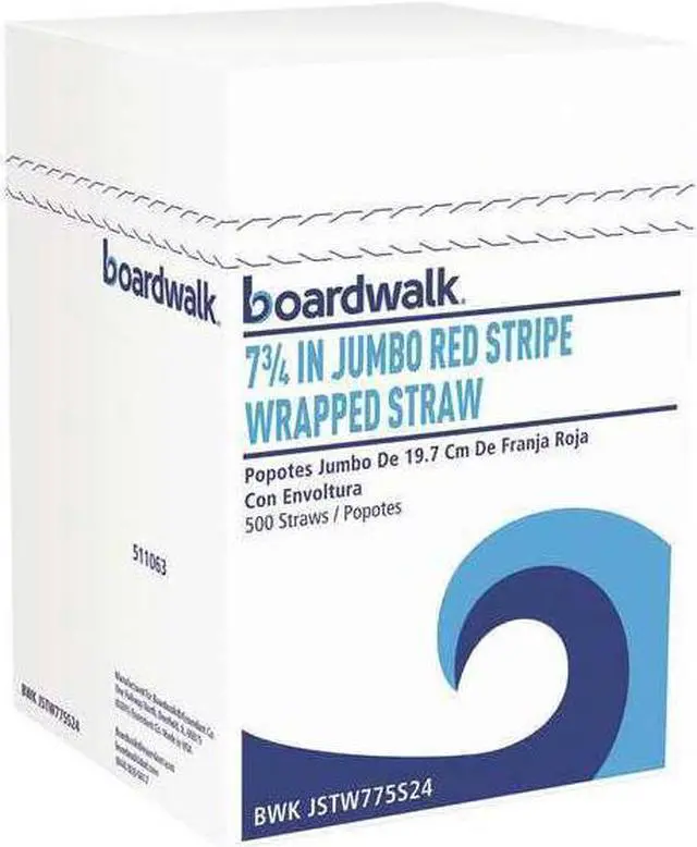 Main image of Boardwalk Jumbo Straws 7 3/4" Plastic Red w/White Stripe 500/Pack 24 Pack/Carton JSTW775S24