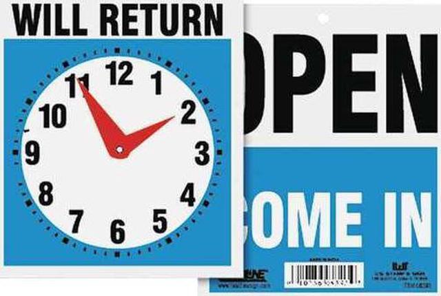 Alt view image 2 of 3 - Headline Sign Double-Sided Open/Will Return Sign w/Clock Hands Plastic 7 1/2 x 9