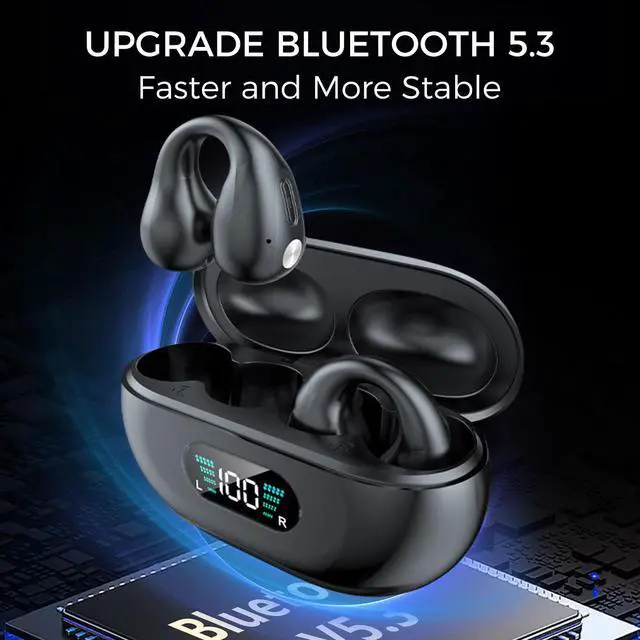 Alt view image 2 of 7 - Wireless Open Ear Clip Earbuds, Bluetooth 5.3, Up to 18 Hours Playtime, 350mAh battery, Lightweight, Wireless Bluetooth Earbuds for Cycling, Sport, Running, Driving-Black