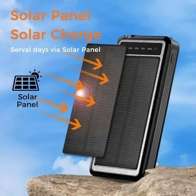 Alt view image 3 of 7 - ALPHA DIGITAL 10000mAh Portable Power Bank with Wireless Charging and Solar Recharging, 4 Built-in Cables, Waterproof, Dustproof,  Digital Power Display, LED Flashlight. Black.