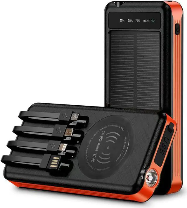 Main image of ALPHA DIGITAL 10000mAh Portable Power Bank with Wireless Charging and Solar Recharging, 4 Built-in Cables, Waterproof, Dustproof,  Digital Power Display, LED Flashlight. Orange