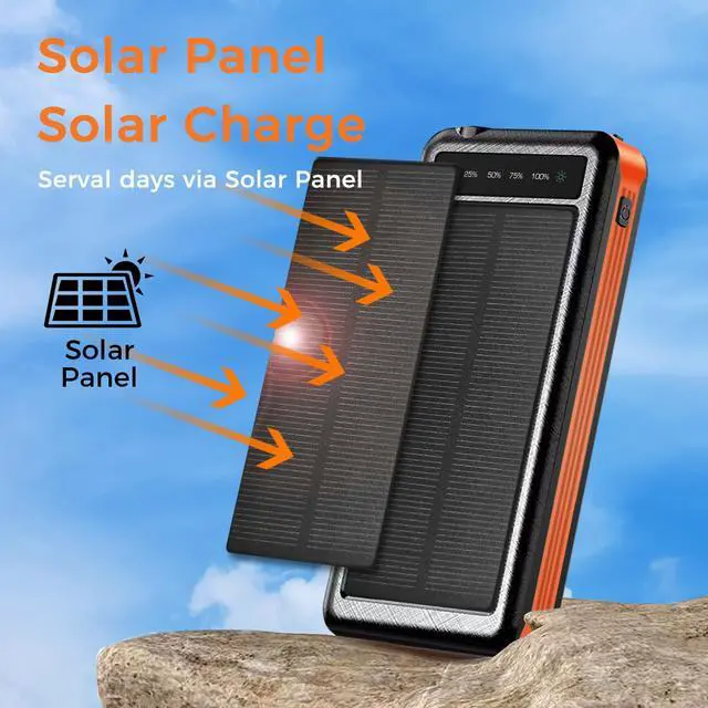 Alt view image 3 of 7 - ALPHA DIGITAL 10000mAh Portable Power Bank with Wireless Charging and Solar Recharging, 4 Built-in Cables, Waterproof, Dustproof,  Digital Power Display, LED Flashlight. Orange