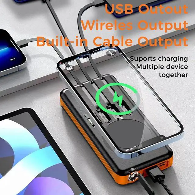 Alt view image 4 of 7 - ALPHA DIGITAL 10000mAh Portable Power Bank with Wireless Charging and Solar Recharging, 4 Built-in Cables, Waterproof, Dustproof,  Digital Power Display, LED Flashlight. Orange