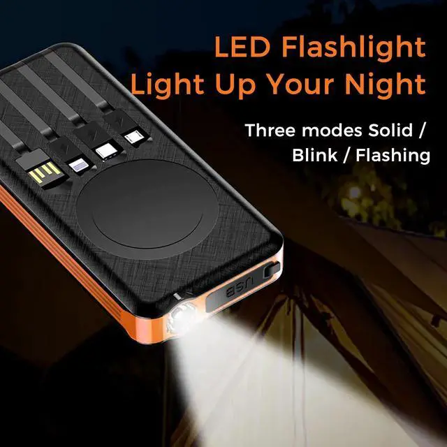 Alt view image 5 of 7 - ALPHA DIGITAL 10000mAh Portable Power Bank with Wireless Charging and Solar Recharging, 4 Built-in Cables, Waterproof, Dustproof,  Digital Power Display, LED Flashlight. Orange