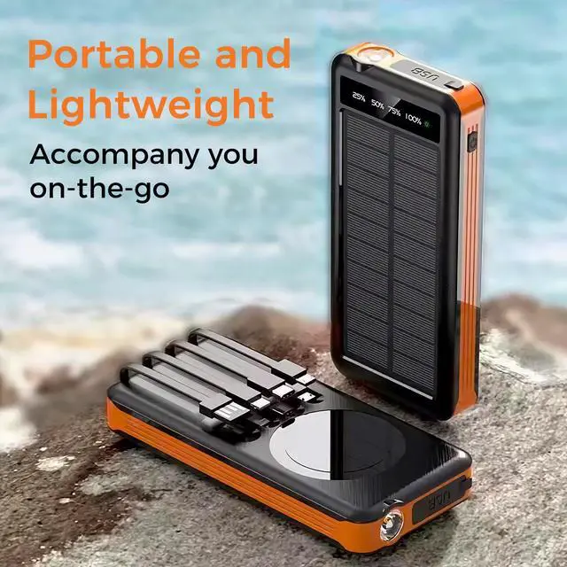 Alt view image 6 of 7 - ALPHA DIGITAL 10000mAh Portable Power Bank with Wireless Charging and Solar Recharging, 4 Built-in Cables, Waterproof, Dustproof,  Digital Power Display, LED Flashlight. Orange