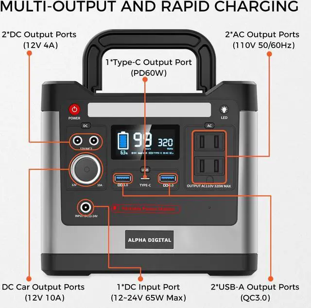 Alt view image 7 of 7 - ALPHA DIGITAL 320W Outdoor Portable Power Station, 298Wh/93120mAh, LiFePO4 Lithium Battery Outdoor Emergency Power Backup, 110V/320W AC Outlet, 12V DC Output, USB QC3.0 &Type-C, LED Flashlight, for Ho