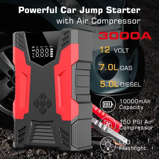 Alt view image 2 of 7 - ALPHA DIGITAL Vehicle Jump Starter w/Air Compressor, 3000A Peak Portable Battery, Built-in Air compressor & hose, 150PSI Tire Inflator, Up to 7.0L Gas/5.0L Diesel, USB QC 3.0, 10000mAh, LED Flashlight