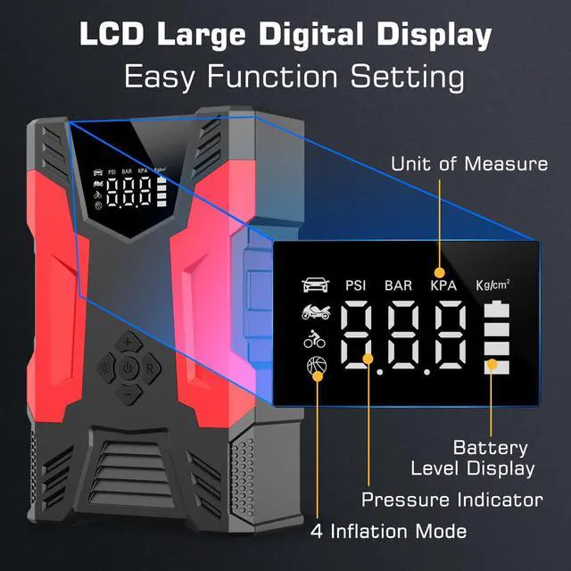 Alt view image 5 of 7 - ALPHA DIGITAL Vehicle Jump Starter w/Air Compressor, 3000A Peak Portable Battery, Built-in Air compressor & hose, 150PSI Tire Inflator, Up to 7.0L Gas/5.0L Diesel, USB QC 3.0, 10000mAh, LED Flashlight