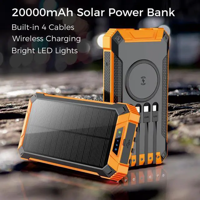 Alt view image 2 of 7 - ALPHA DIGITAL Outdoor Portable Power Bank w/ Emergency Solar Recharging, Wireless Charging, Built-in 4 Cables, 20000mAh Battery, IP65 Waterproof, Dustproof, Digital Power Display, Dual Flashlight