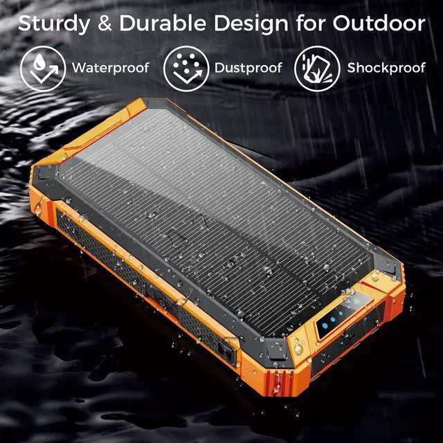 Alt view image 3 of 7 - ALPHA DIGITAL Outdoor Portable Power Bank w/ Emergency Solar Recharging, Wireless Charging, Built-in 4 Cables, 20000mAh Battery, IP65 Waterproof, Dustproof, Digital Power Display, Dual Flashlight