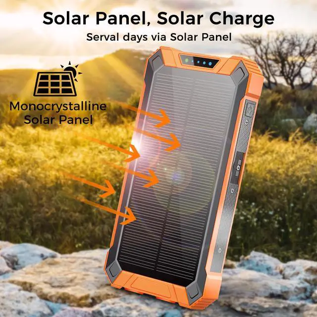 Alt view image 5 of 7 - ALPHA DIGITAL Outdoor Portable Power Bank w/ Emergency Solar Recharging, Wireless Charging, Built-in 4 Cables, 20000mAh Battery, IP65 Waterproof, Dustproof, Digital Power Display, Dual Flashlight