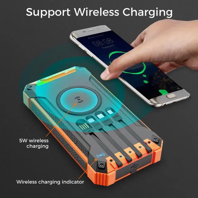 Alt view image 6 of 7 - ALPHA DIGITAL Outdoor Portable Power Bank w/ Emergency Solar Recharging, Wireless Charging, Built-in 4 Cables, 20000mAh Battery, IP65 Waterproof, Dustproof, Digital Power Display, Dual Flashlight
