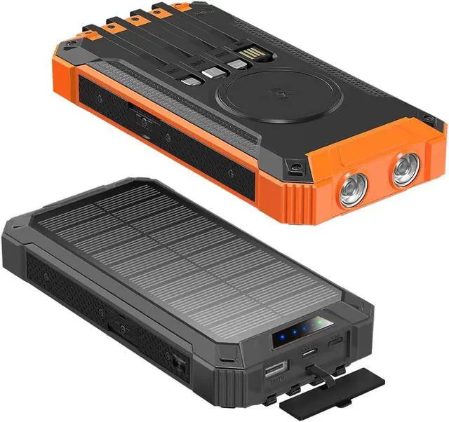 Alt view image 3 of 7 - 2 Pack ALPHA DIGITAL Outdoor Portable Power Bank w/ Emergency Solar Recharging, Wireless Charging, Built-in 4 Cables, 20000mAh Battery, Waterproof, Dustproof, Digital Power Display, Dual Flashlight
