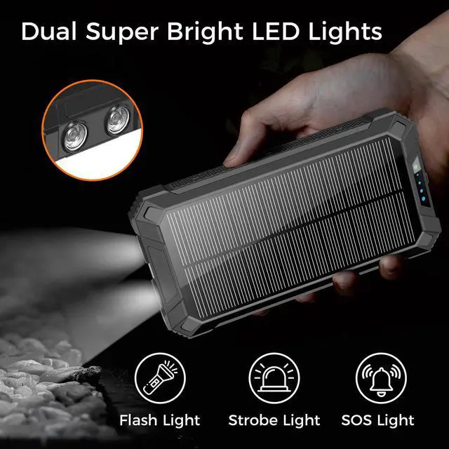 Alt view image 6 of 7 - 2 Pack ALPHA DIGITAL Outdoor Portable Power Bank w/ Emergency Solar Recharging, Wireless Charging, Built-in 4 Cables, 20000mAh Battery, Waterproof, Dustproof, Digital Power Display, Dual Flashlight