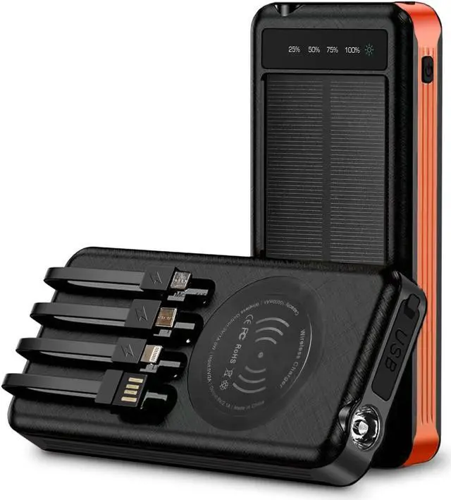 Main image of 2 Pack ALPHA DIGITAL Portable Power Bank with Wireless Charging and Solar Recharging , Built-in 4 Cables, 10000mAh Battery, Waterproof, Dustproof, Digital Display power, LED Flashlight