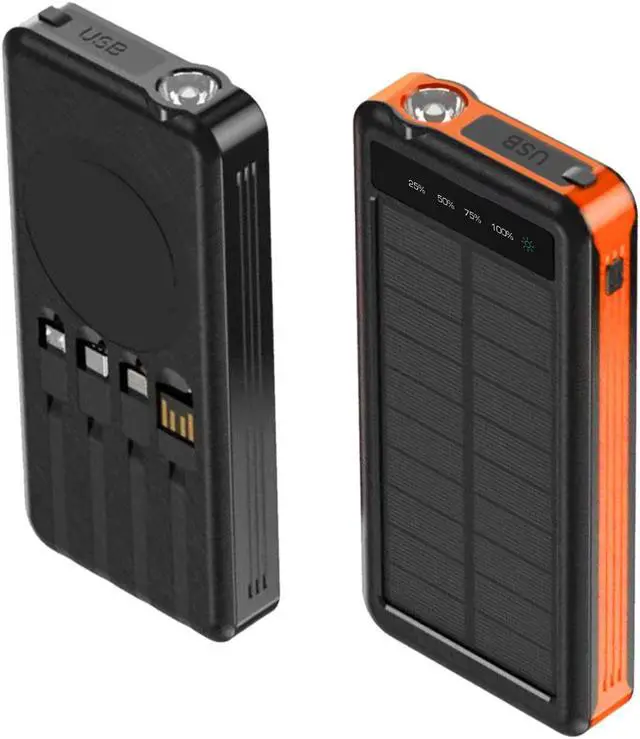 Alt view image 2 of 7 - 2 Pack ALPHA DIGITAL Portable Power Bank with Wireless Charging and Solar Recharging , Built-in 4 Cables, 10000mAh Battery, Waterproof, Dustproof, Digital Display power, LED Flashlight