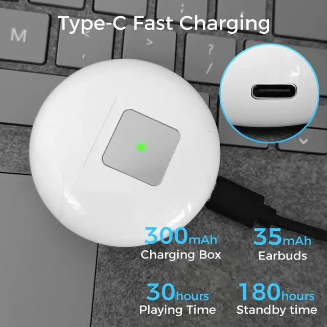 Alt view image 5 of 6 - Wireless Bluetooth 5.2 Earbuds, Semi in Ear with Dual Mic Noise Cancelling, 30Hrs Playtime, Stereo Sound, IP54 Waterproof, Lightweight Design, 300mAh Battery Wireless Charging Case - White