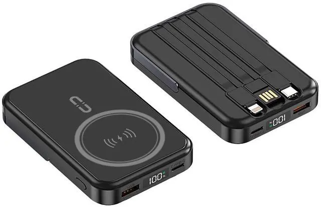Main image of 10000mAh Portable Magnetic Wireless Charge Power Bank with stand and 3 built-in cables