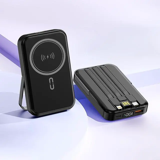 Alt view image 3 of 3 - 10000mAh Portable Magnetic Wireless Charge Power Bank with stand and 3 built-in cables