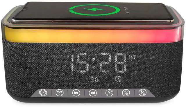 Alt view image 2 of 7 - Bluetooth Speaker with Alarm Clock, 15W Fast Wireless Charging, 13 Night Light modes, 1200mAh Battery, 10W Stereo Speaker, 12/24H Digital Clock, Sleep Timer, White Noise Mode, USB Drive, AUX