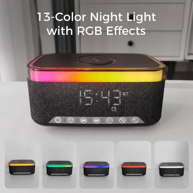 Alt view image 3 of 7 - Bluetooth Speaker with Alarm Clock, 15W Fast Wireless Charging, 13 Night Light modes, 1200mAh Battery, 10W Stereo Speaker, 12/24H Digital Clock, Sleep Timer, White Noise Mode, USB Drive, AUX