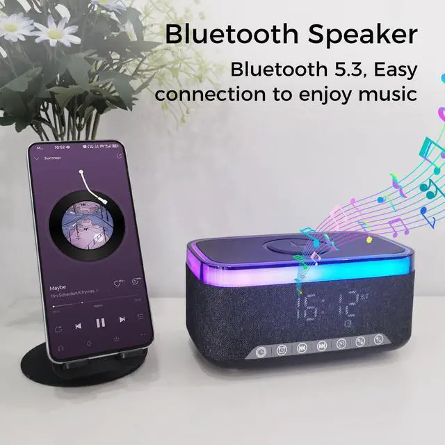 Alt view image 4 of 7 - Bluetooth Speaker with Alarm Clock, 15W Fast Wireless Charging, 13 Night Light modes, 1200mAh Battery, 10W Stereo Speaker, 12/24H Digital Clock, Sleep Timer, White Noise Mode, USB Drive, AUX