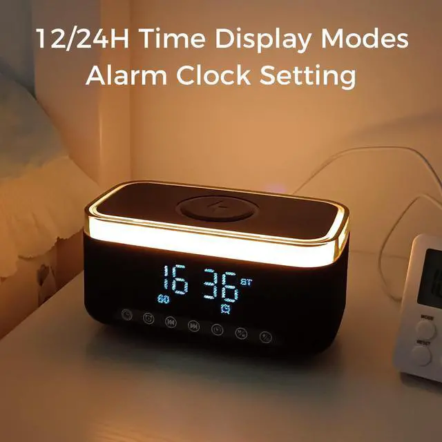 Alt view image 6 of 7 - Bluetooth Speaker with Alarm Clock, 15W Fast Wireless Charging, 13 Night Light modes, 1200mAh Battery, 10W Stereo Speaker, 12/24H Digital Clock, Sleep Timer, White Noise Mode, USB Drive, AUX