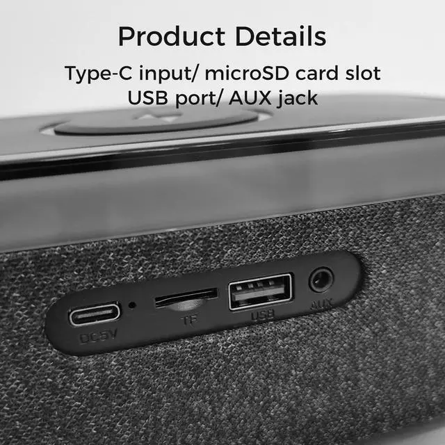 Alt view image 7 of 7 - Bluetooth Speaker with Alarm Clock, 15W Fast Wireless Charging, 13 Night Light modes, 1200mAh Battery, 10W Stereo Speaker, 12/24H Digital Clock, Sleep Timer, White Noise Mode, USB Drive, AUX