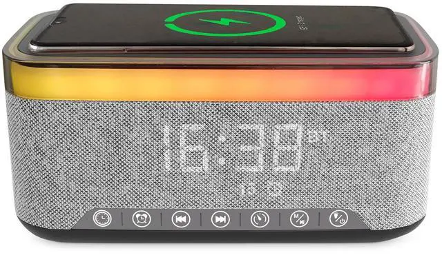 Alt view image 2 of 7 - Bluetooth Speaker with Alarm Clock, 15W Fast Wireless Charging, 13 Night Light modes, 1200mAh Battery, 10W Stereo Speaker, 12/24H Digital Clock, Sleep Timer, White Noise Mode, USB Drive, AUX Grey
