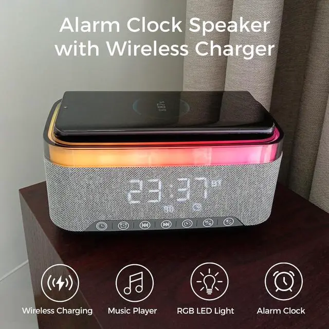 Alt view image 3 of 7 - Bluetooth Speaker with Alarm Clock, 15W Fast Wireless Charging, 13 Night Light modes, 1200mAh Battery, 10W Stereo Speaker, 12/24H Digital Clock, Sleep Timer, White Noise Mode, USB Drive, AUX Grey