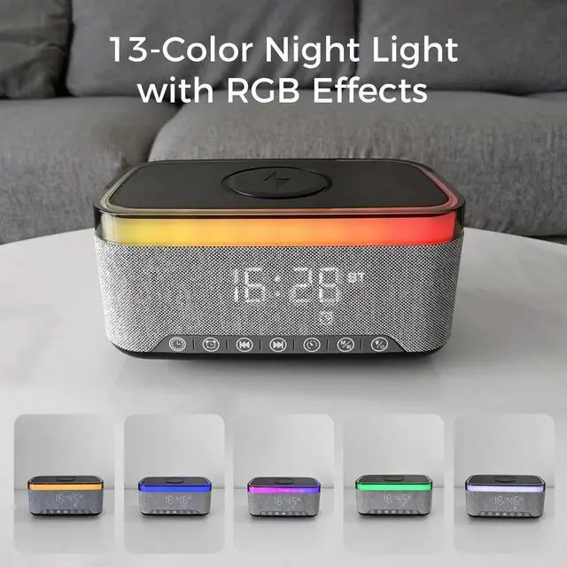 Alt view image 4 of 7 - Bluetooth Speaker with Alarm Clock, 15W Fast Wireless Charging, 13 Night Light modes, 1200mAh Battery, 10W Stereo Speaker, 12/24H Digital Clock, Sleep Timer, White Noise Mode, USB Drive, AUX Grey