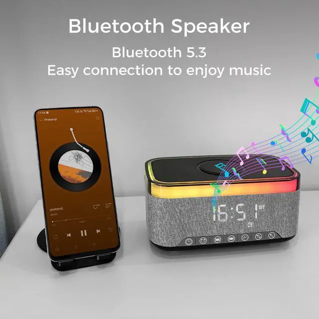 Alt view image 5 of 7 - Bluetooth Speaker with Alarm Clock, 15W Fast Wireless Charging, 13 Night Light modes, 1200mAh Battery, 10W Stereo Speaker, 12/24H Digital Clock, Sleep Timer, White Noise Mode, USB Drive, AUX Grey