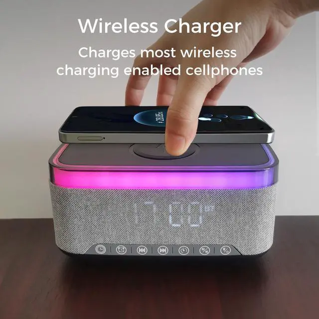 Alt view image 6 of 7 - Bluetooth Speaker with Alarm Clock, 15W Fast Wireless Charging, 13 Night Light modes, 1200mAh Battery, 10W Stereo Speaker, 12/24H Digital Clock, Sleep Timer, White Noise Mode, USB Drive, AUX Grey