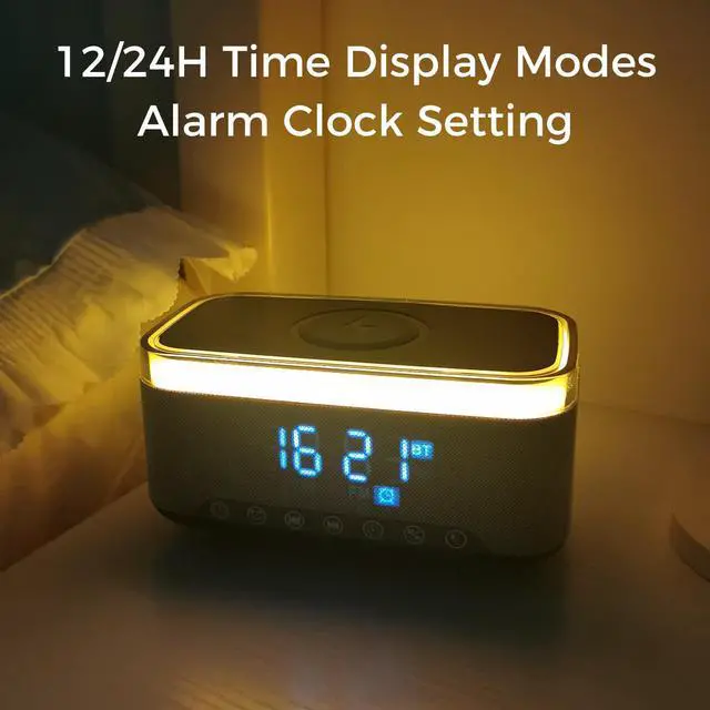 Alt view image 7 of 7 - Bluetooth Speaker with Alarm Clock, 15W Fast Wireless Charging, 13 Night Light modes, 1200mAh Battery, 10W Stereo Speaker, 12/24H Digital Clock, Sleep Timer, White Noise Mode, USB Drive, AUX Grey