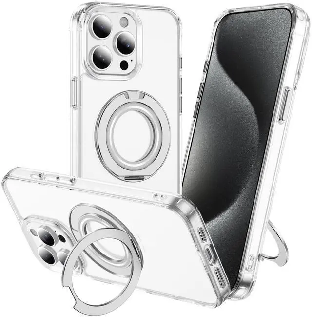 Main image of Clear Magnetic Case with Ring Stand for Apple iPhone 15 Pro Max, Fit for MagSafe, Shock Absorption Bumper, Soft Flexible TPU, Shock Resistant, Fingerprint Resistant