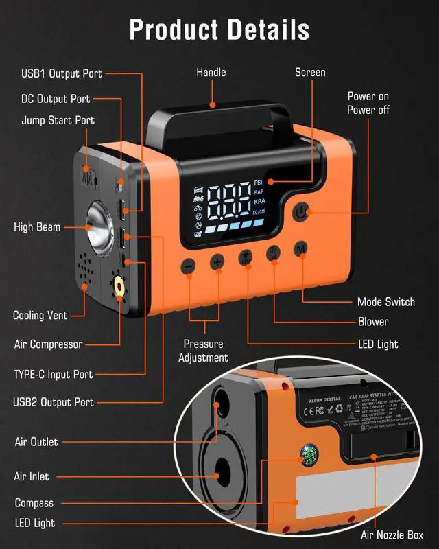 Alt view image 7 of 7 - Vehicle Jump Starter w/Air Compressor, Vacuum Cleaner, Blower, Power Bank, Flashlight/SOS/Strobe, more!