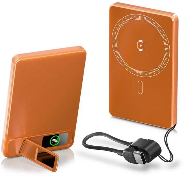 Main image of Ultra-thin Magnetic Power Bank Wireless Portable Charger, PD20W fast charge+15W wireless, with Kickstand, Strong Magnet, Type-C Fast Charging, LED Digital Display-Orange