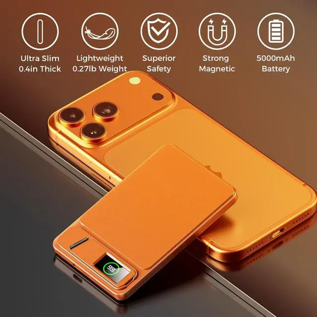 Alt view image 2 of 7 - Ultra-thin Magnetic Power Bank Wireless Portable Charger, PD20W fast charge+15W wireless, with Kickstand, Strong Magnet, Type-C Fast Charging, LED Digital Display-Orange