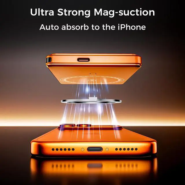 Alt view image 3 of 7 - Ultra-thin Magnetic Power Bank Wireless Portable Charger, PD20W fast charge+15W wireless, with Kickstand, Strong Magnet, Type-C Fast Charging, LED Digital Display-Orange